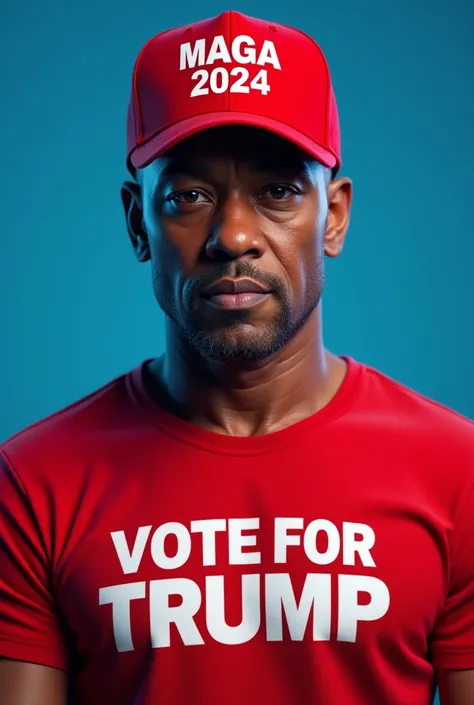 Create a realistic image of Don Lemon, a  CNN journalist, wearing a red hat that says ‘MAGA 2024’ and a red shirt that says Vote for Trump, clearly. Make it in a high-quality 3d image with a blue background.