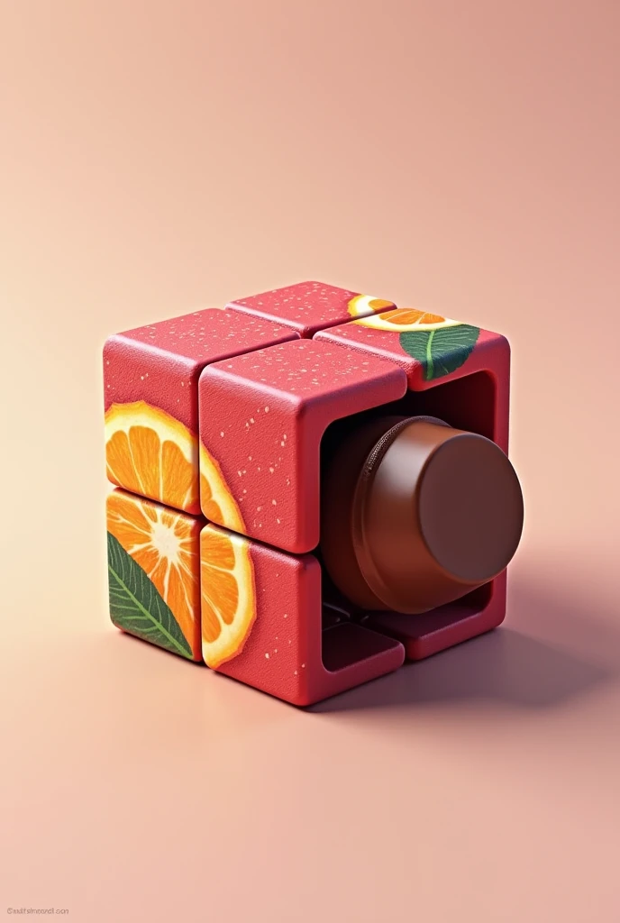 I want a product design image ,the description is "it should be a puzzle of one full fruit image on one side like that it can be of four sides of fruit image like a Rubic cube and some chocolates must be kept inside the puzzle so that the puzzle of fruit i...