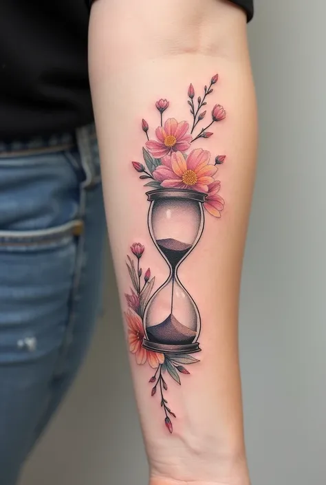 Hourglass tattoo with flower petals 