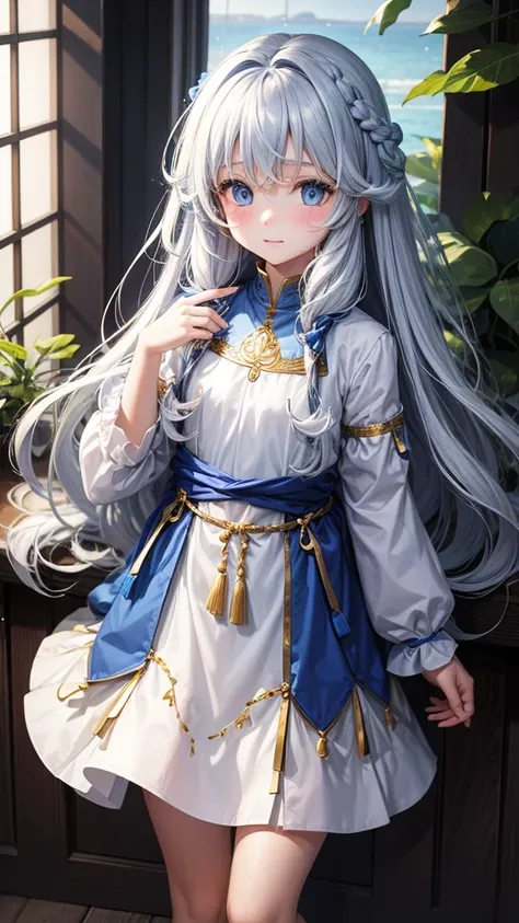 1st grade girl with long white wavy hair, blue eyes and small waist Long tunic 