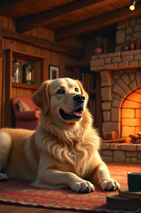 A photo of a large beige dog by a fire in a cottage