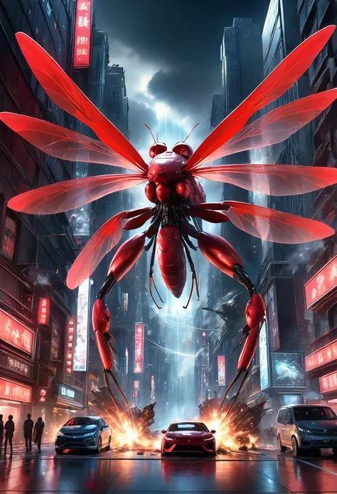 Ultra-high definition 3DCG concept art,A realistic red dragonfly android rampages through the city,Red Dragonfly Android is super realistic, The wings emit an eerie light with a holographic effect..The body of the red dragonfly is creepy, Red Machine.The d...