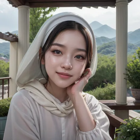 A potret potography art pro, A handsome young Korean man of 20 years old, white modern Muslim dress, white head covering and a beautiful Korean woman of 1, wearing a pastel cream headscarf, elegant cream luxury Muslim dress, smiling, standing while hugging...