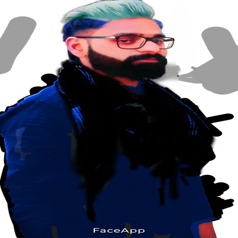 arafed man with blue hair and glasses wearing a scarf, digital art but photo, [ digital art ]!!, digital art. @mariomaniacdude, digital art!!, with a full black beard, inspired by Volkan Baga, drawn with photoshop, made with photoshop, very very low qualit...