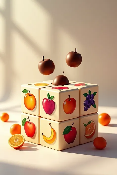 I want a product design image ,the description is "it should be a puzzle of full fruit images on four sides of a Rubic cube and some chocolates must be kept inside the puzzle so that the puzzle of fruit image should be joined to form a full fruit image to ...