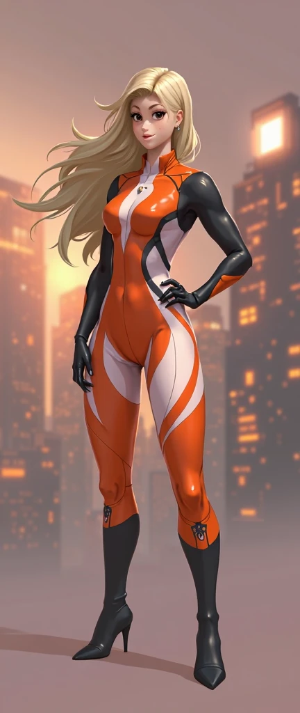 Hot supehero rena rouge in spandex orange whie and black suit