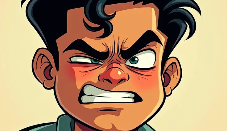 A close-up of Vijay’s face with his eyes tightly shut, trying to block out the fear. Cartoon style 