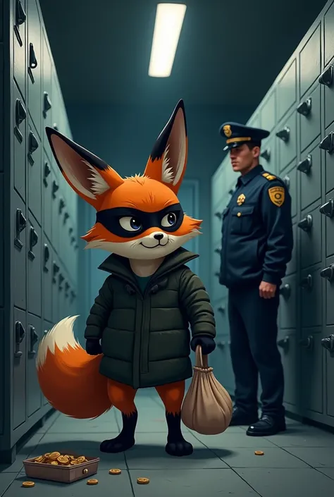 Illustrate a cunning fox dressed as a thief, sneaking inside a bank vault. The fox wears a black mask and carries a small bag filled with stolen valuables. It is standing near an open locker, eyeing its next target. The vault is dimly lit, with metallic sa...