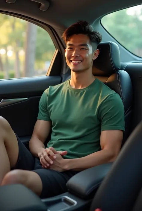 Handsome Asian man wearing a green short-sleeved shirt, black shorts, sitting in a car, handsome, 1, slim figure. 