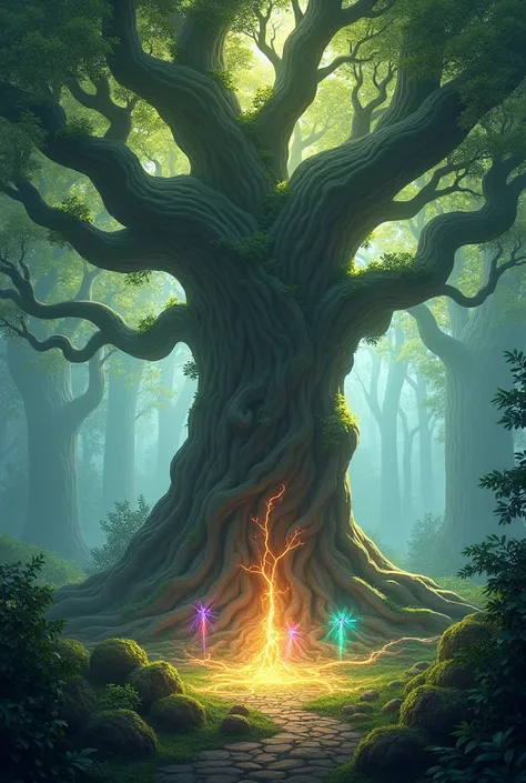 The Guardian of the Forest: A majestic tree that serves as a home for forest spirits, with colorful lights and ethereal creatures dancing around it.
