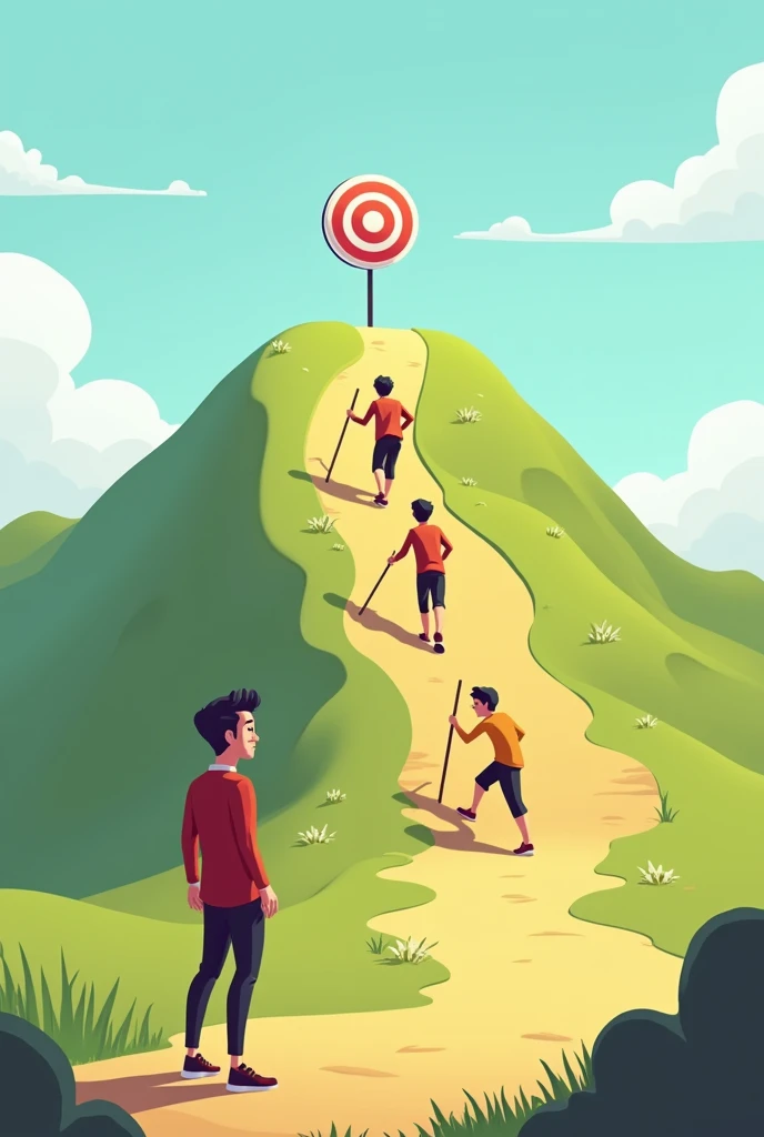 A person standing at the foot of a hill confused while others start climbing up the hill to achieve the target. There is a target 🎯 at the top of hill. Animated and 2D