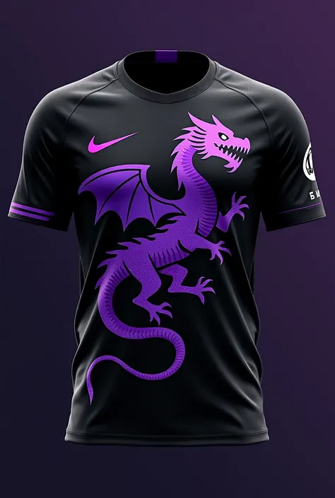 a football jersey with a black background and a purple dragon going across and sponsor is nike
and emirates
