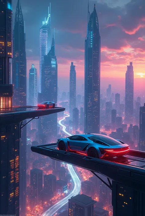 City of Dreams: A futuristic city skyline at night, with flying cars and vibrant neon lights, illustrating a blend of technology and creativity.