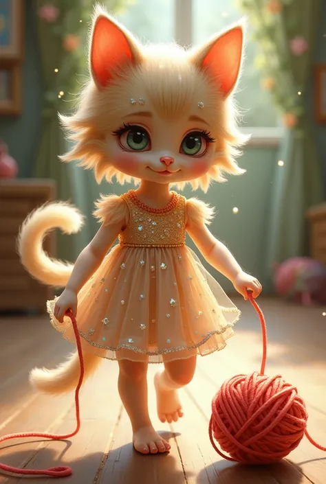 A girl with delicate kitten features, such as whiskers and paws, adorned in a sparkly dress, always accompanied by a small ball of yarn.