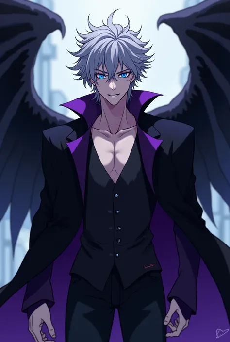 black and purple clothes,gray hair,man,anime,evil smile,two pairs of wings,shirt a little open,blue eyes,full body 