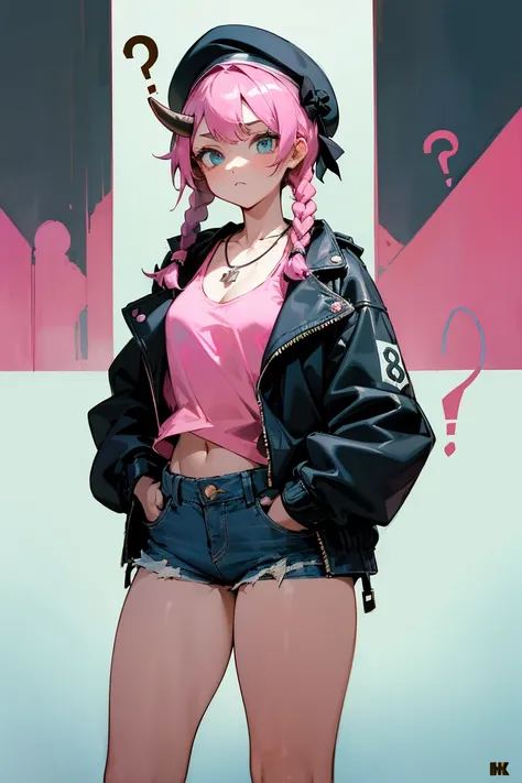 masterpiece,best quality,1girl,AuraFrieren,horns,twin braids,necklace,beret,black jacket,open jacket,mask,denim shorts,pink tank top,thick thighs,wide hips,expressionless,(hands in pockets),(spoken question mark:1.2),city,dutch angle, 
