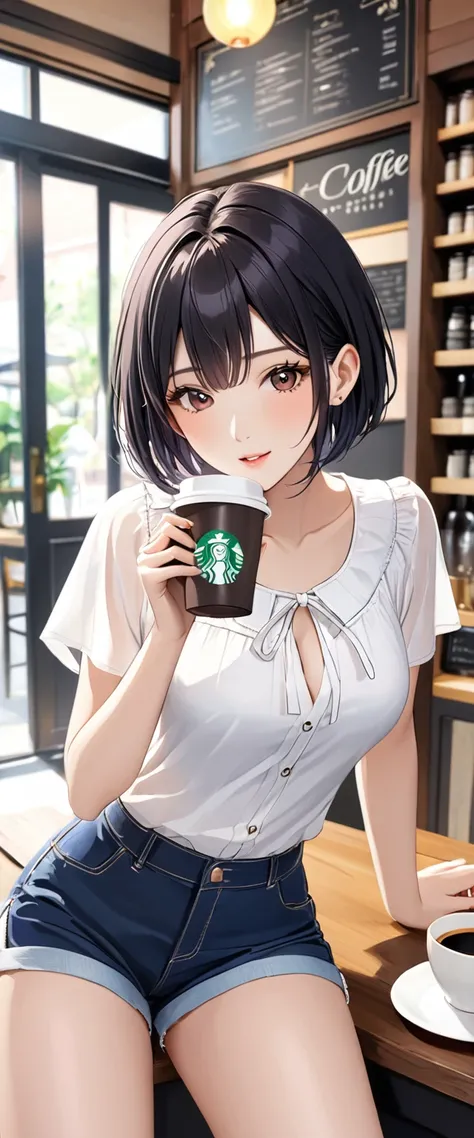 1 female、One person、Beautiful black hair、Short Hair、(White blouse)、(Shorts)、（Simple）、Beautiful breasts、Front、（Sweating）、((Simple))、PC、(Coffee shop)