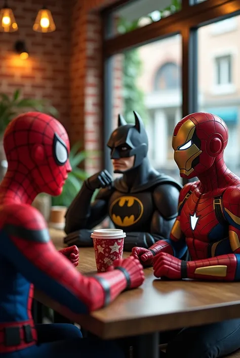 Superhero and spider man and batman coffi shop cup in photo ireman