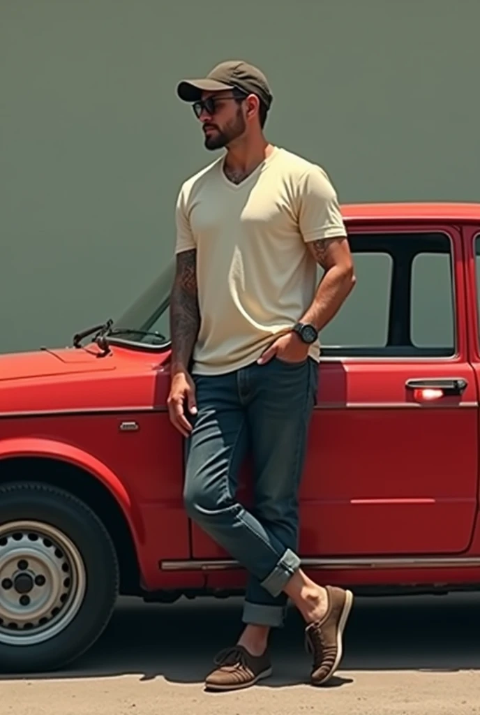 skinny man, A little muscular, no tattoos, leaning against a red Fiat Palio from 2000, wearing a cap and glasses 