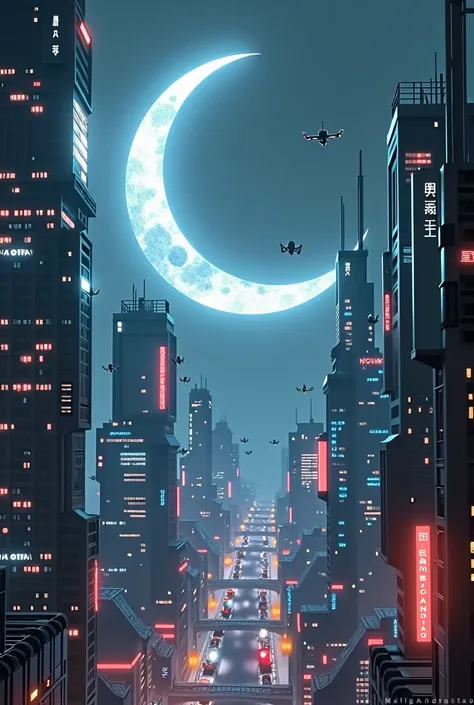 Crescent moon, cyberpunk, above sin city