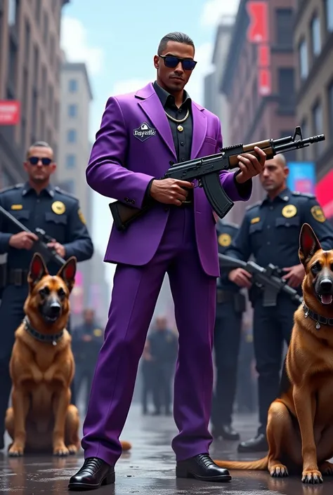 fait moi un gangster habillé en violet avec la marque daylife et une ak-47 dans les mains dans un univers jeu vidéo avec des policiers et des berger allemand