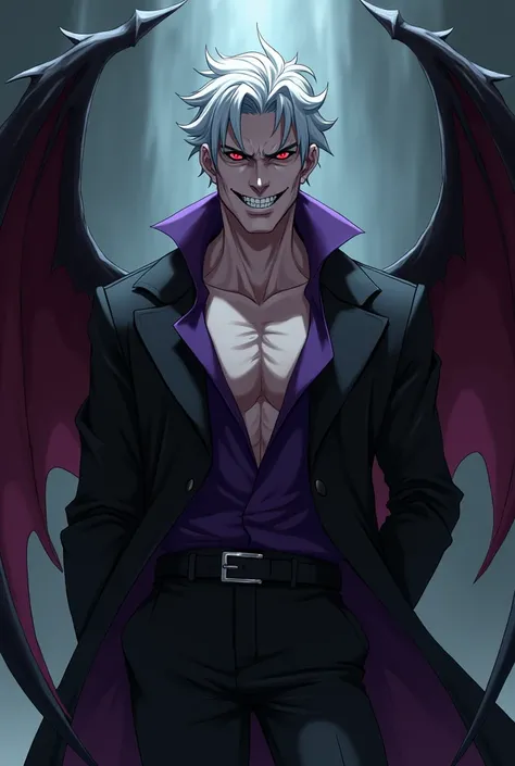 black and purple clothes,gray hair,man,anime,evil smile,two pairs of wings,shirt a little open,red eyes,vampire tooth,showing the whole body 