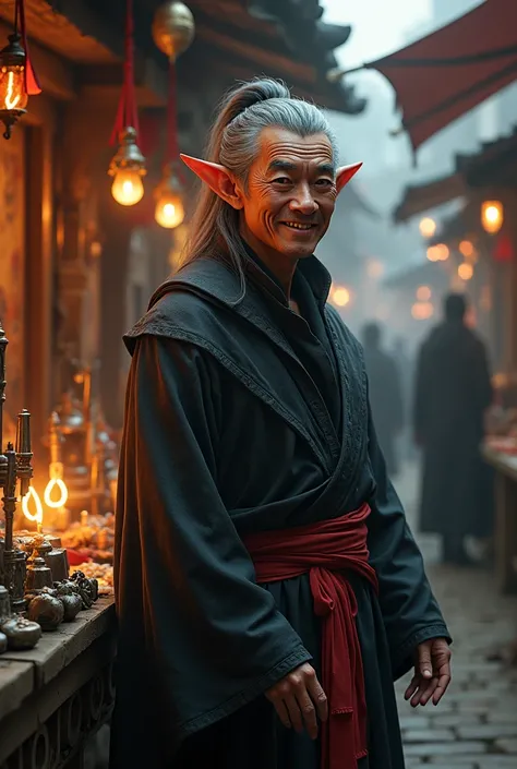 3D style, Dark fantasy art
The artwork of the image is 3D realistic

A middle-aged elf with brown skin and red eyes. His smile radiates great charisma, as does his posture, showing him to be an extremely charismatic individual. His face closely resembles J...