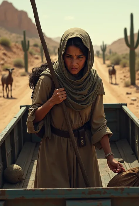 a woman, traveling in the back of a truck, with a scarf on her head, face with a suffering expression, carrying a stick on her back with a bag of clothes tied, in the background of a dry place, with cacti and a desert landscape, and starving animals oelo p...