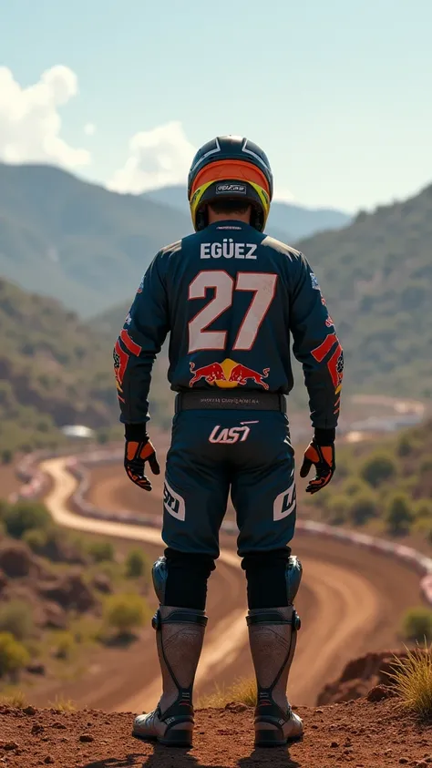 Images of a motocross racer number 27 surname Egüez from behind with a landscape without a motorcycle, just standing with a circuit landscape 