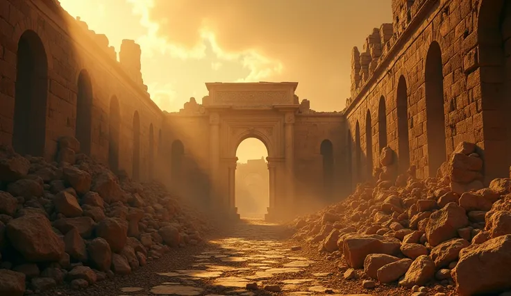 The imposing ruins of the Jerusalem Temple, bathed in a golden, cinematic light, contrasted with a dark reference to King Herod and his biblical order of the Massacre of the Innocents. The hyper-realistic 8K UHD rendering captures the emotional tension, br...