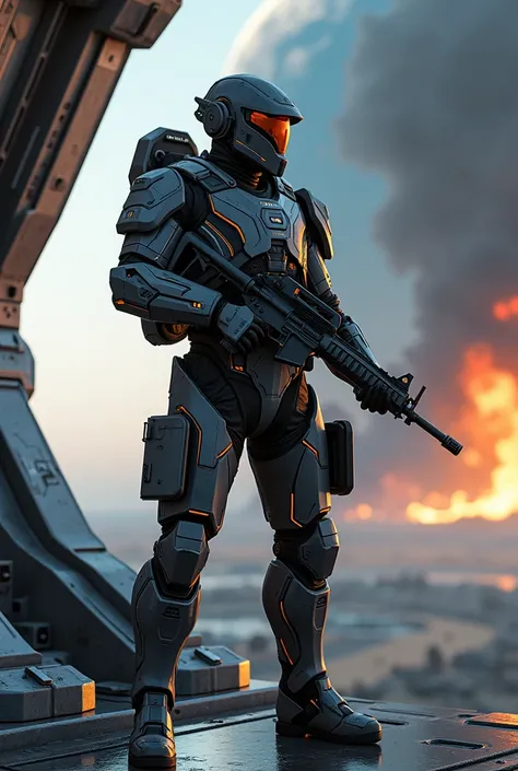 Creates a soldier holding an m4 with space armor, out of a warship, behind there is a planet being destroyed 4k,HD,3d 