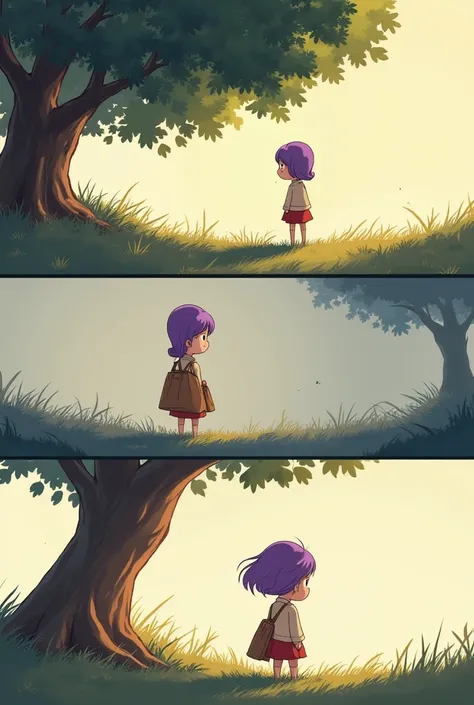 Top Panel (Emma Waiting, Beautiful)

Description: Emma, drawn beautifully with her vibrant purple hair, stands under a tree. Her small, childlike body contrasts with her beauty, giving her an elegant but innocent look.
Dialogue Bubble (Emma, thinking): "Mo...