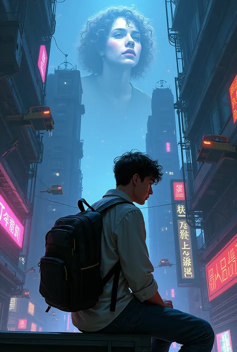 Generate a cyberpunk image where a 30-year-old man is seated, with a college bag slung over his shoulders. He is walking down the road, and in the sky above him, a faint face of his girlfriend is visible. Girl hair Curley 

