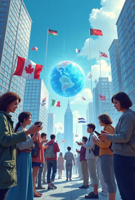 "An urban futuristic landscape showcasing the influence of globalization and multiculturalism. Diverse individuals from various cultures and ethnicities are interconnected through advanced technology, holding smartphones, and interacting with digital symbo...