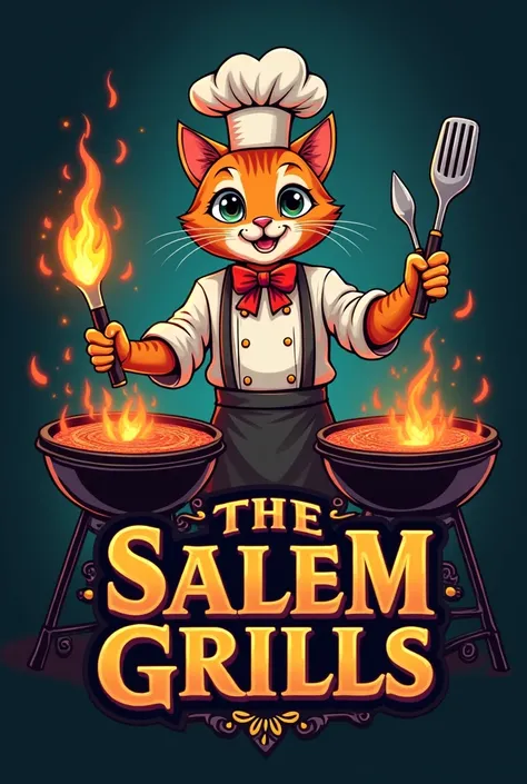 Logo of a grill restaurant called the Salem Grills Salem is linked to magic, it includes it How would a magician cat grill chef look like in the logo with his grills In a medium shot And with the letters