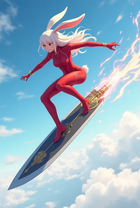 (((A bunny girl in a red outfit)))、She rides a (((Broad sword))) instead of a surfboard, Flying through the air like surfing。