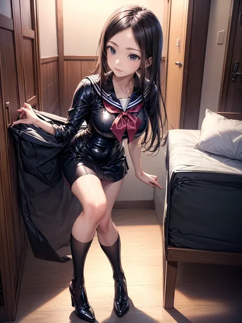 (masterpiece:1.3),(best quality, highest quality),((Full Body Shot,Including face)),2girls,4K,masterpiece,((Focus on the face)),((Symmetrical facial features)),Beautiful woman,(Slender:1.5),Facial detailing,(Latex black sailor suit、skirt:1.3)、tie、Shibuya C...