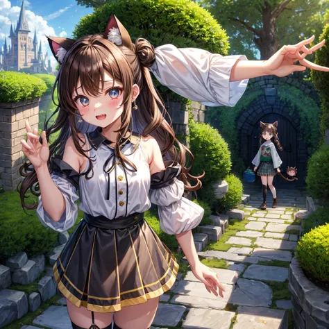 Rainbow brown hair、Rainbow Eyes、Wavy Hair、Hair tied up、Two cute、Checked mini skirt、Black T-shirt、Cat Ear Robe、Black knee-high socks、Headband、Teeth are visible、Monster Castle、Tilting face、lawn、In front of the city gates、Underground tunnels、The stone is crac...