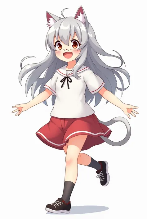 One girl, Long Hair, smile, Silver Hair,Cat ears, chest, anime,Cat mustache,Full body image,Walking,Having fun,skip,