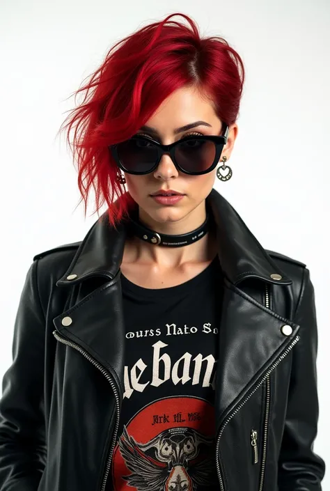 high resolution, 8k.
Rock style woman, band t-shirt, leather jacket, dark glasses.
short hair, red.
Typical style of people who like rock.
With accessories It is centralized, looking directly at the camera with a confident expression. 
white scenario. 