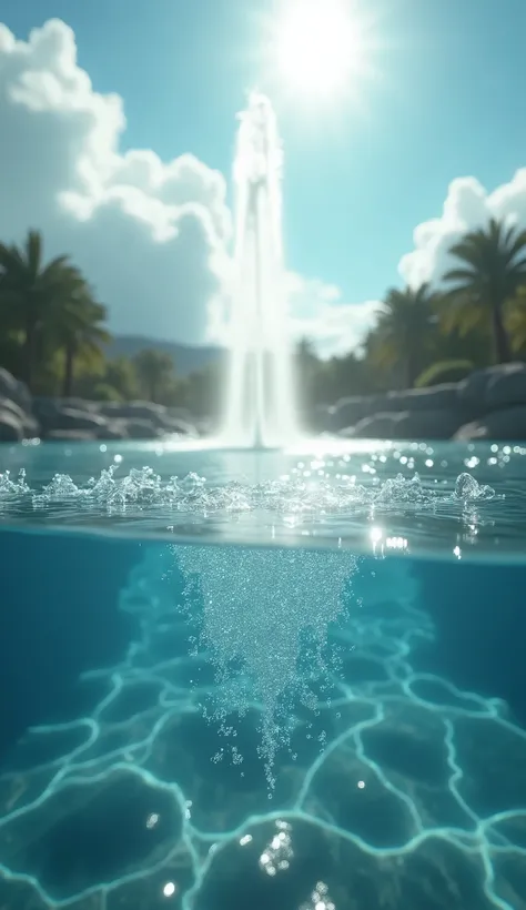 Partially Underwater Shot, Sparkle, Depth Of Field, Lens Flare, High Resolution, Masterpiece, Best Quality, Detail, Super Detailed, UHD, 8K Octane, beautiful sky, fountain
