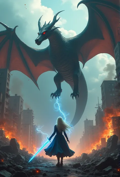 (dragon slayer girl)、waving blonde hair、concept art、dark clouds、lightning、(Evil Dragon)、dark dragon、Western Dragon、Huge dragon flying in the air、Has demonic Huge winganya、dystopia、breathe、Burn down the city、realistic、real picture、aerial perspective、(Compos...