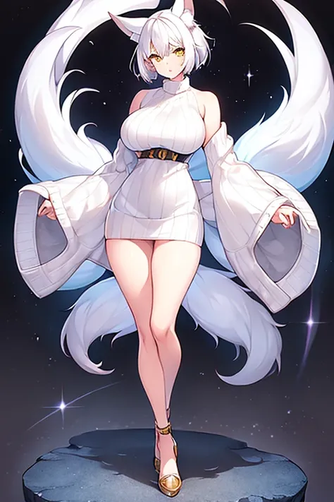 1girl, very short hair, white hair, fox ears, fox tail, yellow eyes, sweater, black sweater, bare legs, parted lips, large breasts, hourglass figure, full body, ((full body)), hands behind back, mature femalez standing