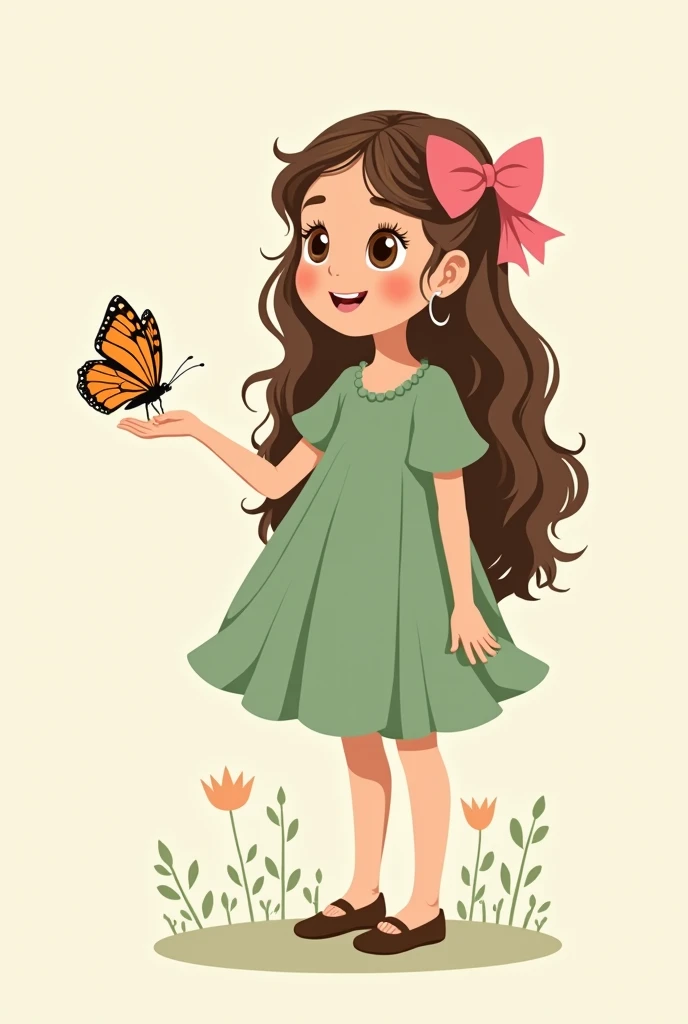  drawing of a small child with pink bow on long hair green dress with butterfly in hand brown hair and eyes image without background vectorized