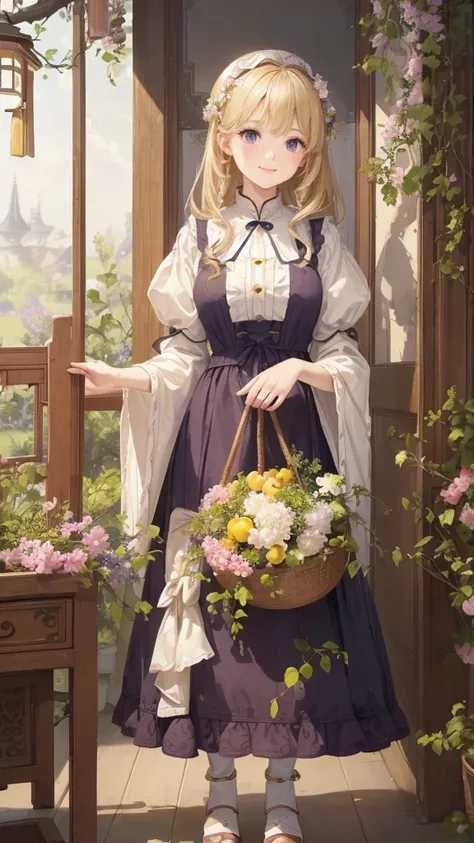 (masterpiece、Best Quality、super high quality、Beautiful and beautiful:1.2)、(Blonde Baby、Standing posture)、Happy Smile Portrait、Grapesを見つめる、Vintage dress with large collar、Retro door with leaves and fruits、Grapes、Warm atmosphere、Realistic、Attention to detail...