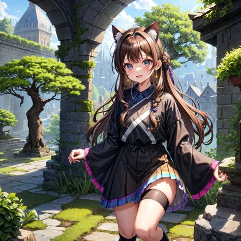 Rainbow brown hair、Rainbow Eyes、Wavy Hair、Hair tied up、Two cute、Checked mini skirt、Black T-shirt、Cat Ear Robe、Black knee-high socks、Headband、Teeth are visible、Monster Castle、Tilting face、lawn、In front of the city gates、Underground tunnels、The stone is crac...