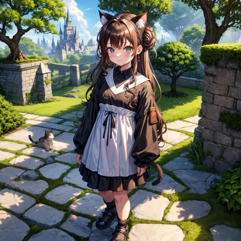 Rainbow brown hair、Rainbow Eyes、Wavy Hair、Hair tied up、Two cute、Checked mini skirt、Black T-shirt、Cat Ear Robe、Black knee-high socks、Headband、Teeth are visible、Monster Castle、Tilting face、lawn、In front of the city gates、Underground tunnels、The stone is crac...