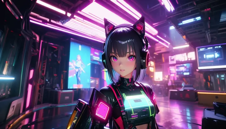 (8k, RAW photos, best quality, masterpiece: 1.4),(Unreal Engine 5 rendering works)Anime girl in futuristic clothing，Wearing cat ears and headphones。，Linda Chica Cyborg、Cyberpunk Anime Digital Art、Cyberpunk anime girl robot、Female Cyberpunk Anime Girl、Cyber...