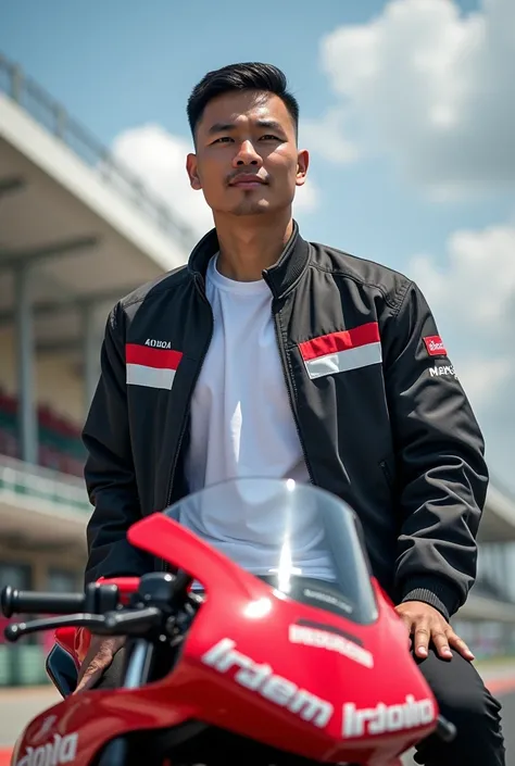 Very realistic, detailed and sharp photo, 8K quality, 40 year old Indonesian man, very thin black  hair, clean face, 185 cm tall and 95 kg weight, strong and sturdy body, wearing a white t-shirt and black jacket with the red and white Indonesian flag on th...