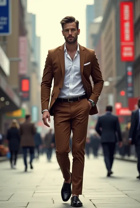 60 tall handsome and fit man wearing brown blazer opened  button suit jacket and white dress shirt and brown blazer suit trouser and black lofar shoes walking in city charismatic
